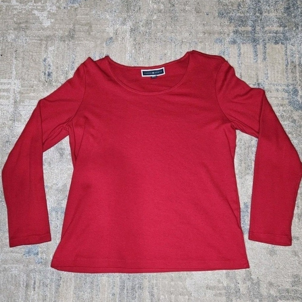 Karen Scott Red Long Sleeve Crew Neck Cotton Basic Top Women Size M 100% Cotton